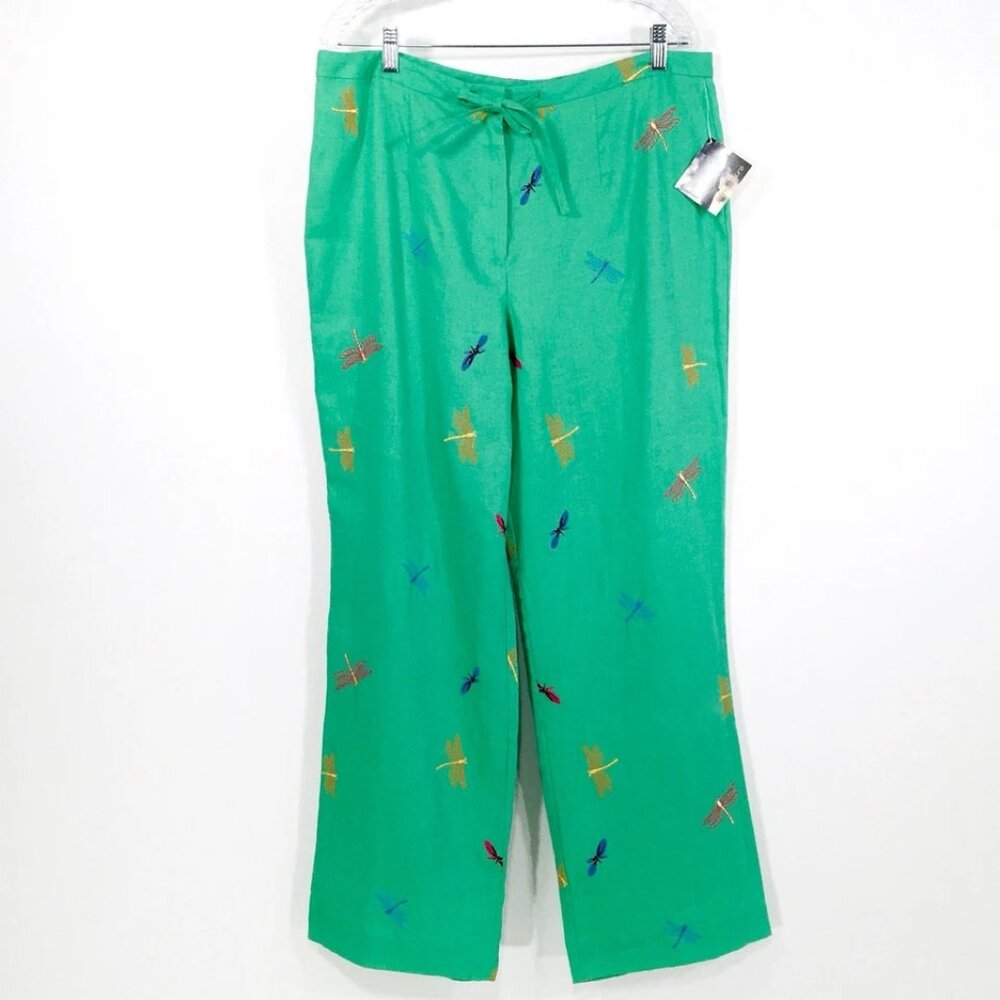 Kim Rogers Signature 100% Linen Embroidered Drawstring Pants Sz L